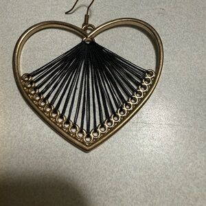 Boho Heart String Art Earrings Gold Black Thread Statement Dangle Retro Fall